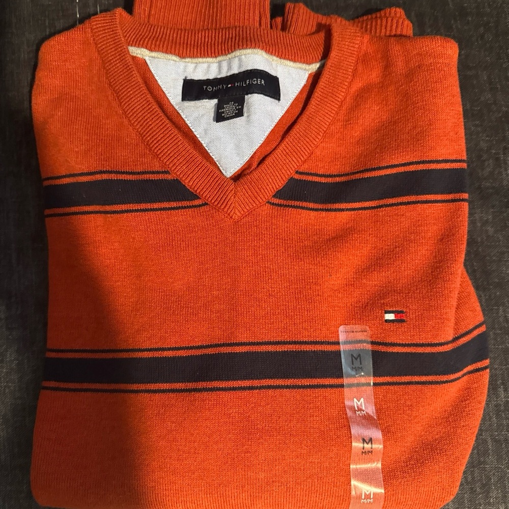 Tommy Hilfiger Men's V-Neck Sweater in Bright Orange with Dark Blue Stripes